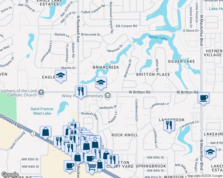 map of restaurants, bars, coffee shops, grocery stores, and more near 9508 Regal Lane in Oklahoma City