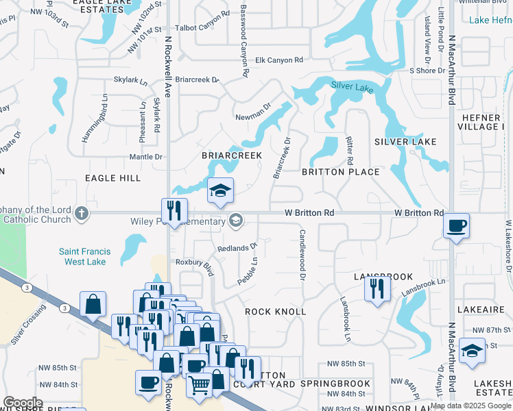 map of restaurants, bars, coffee shops, grocery stores, and more near 9508 Regal Lane in Oklahoma City