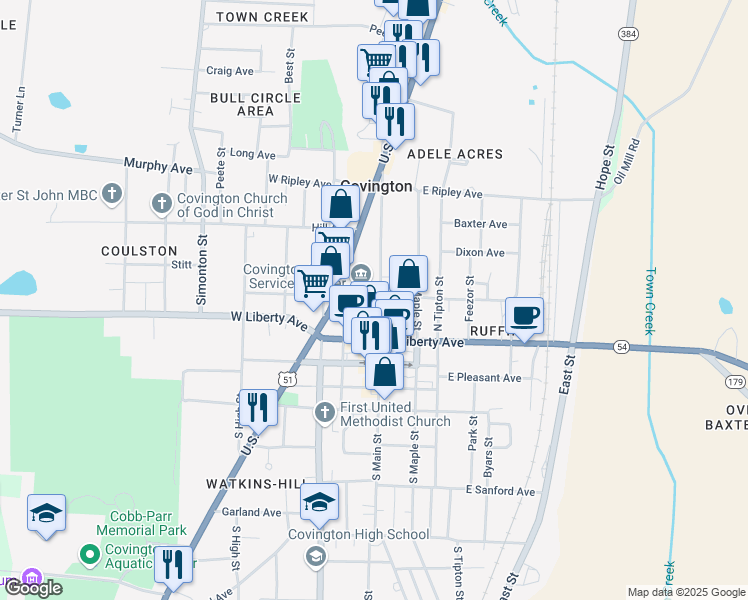 map of restaurants, bars, coffee shops, grocery stores, and more near 211 North Main Street in Covington