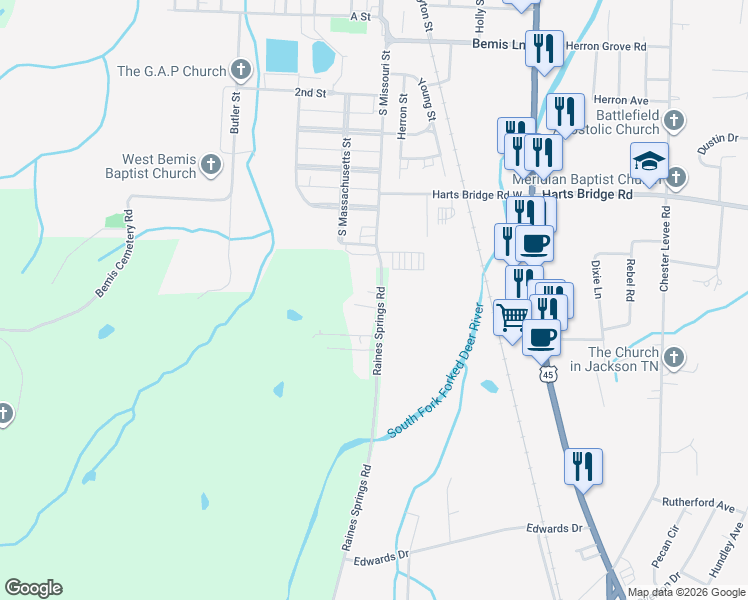 map of restaurants, bars, coffee shops, grocery stores, and more near 516-598 Raines Springs Road in Jackson