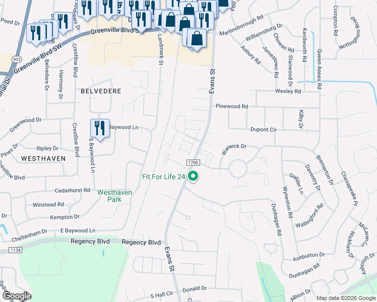 map of restaurants, bars, coffee shops, grocery stores, and more near 121 East Victoria Court in Greenville