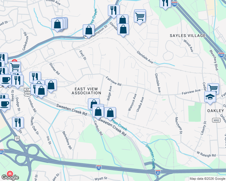 map of restaurants, bars, coffee shops, grocery stores, and more near 1D Ridge Avenue in Asheville