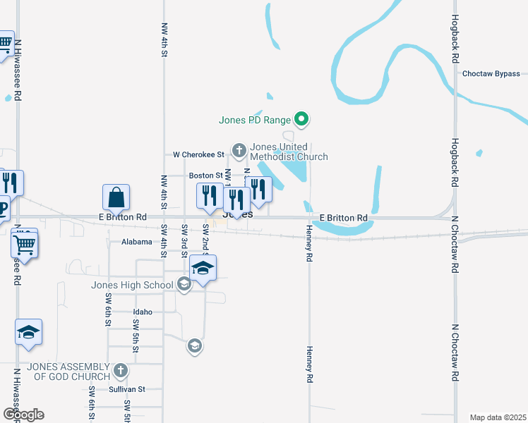 map of restaurants, bars, coffee shops, grocery stores, and more near 120 East Atlanta Avenue in Jones
