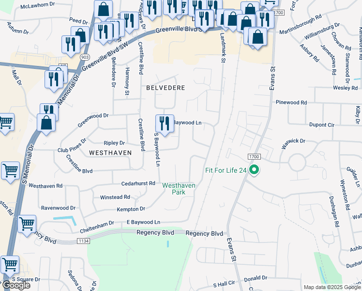 map of restaurants, bars, coffee shops, grocery stores, and more near 205 Woodhaven Road in Greenville