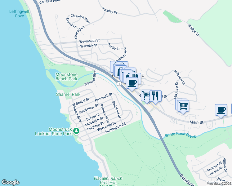 map of restaurants, bars, coffee shops, grocery stores, and more near 5342 Plymouth Street in Cambria