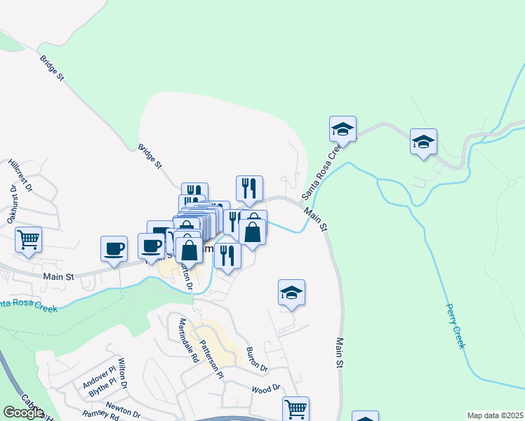 map of restaurants, bars, coffee shops, grocery stores, and more near in Cambria