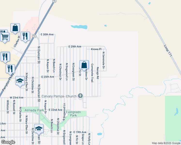 map of restaurants, bars, coffee shops, grocery stores, and more near 2600 North Cherokee Drive in Pampa