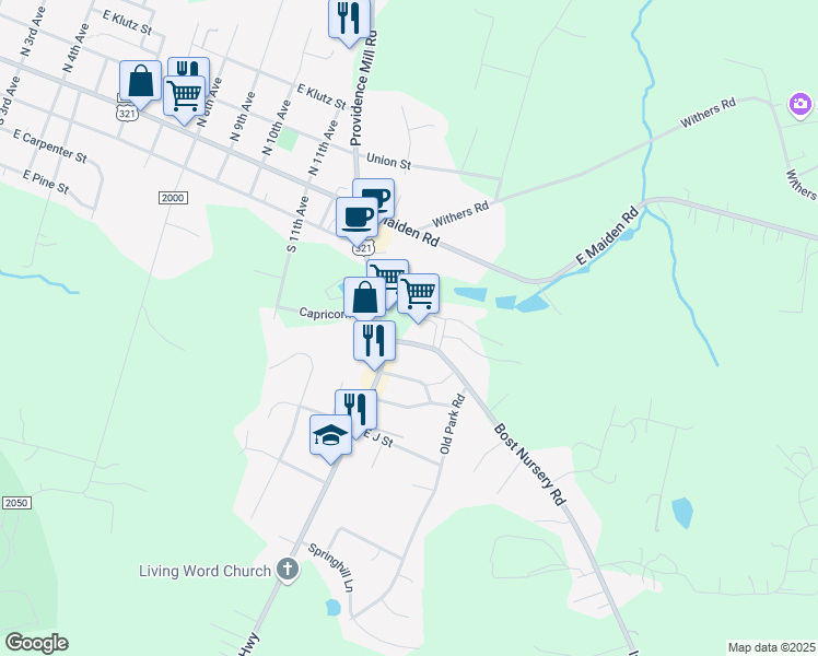 map of restaurants, bars, coffee shops, grocery stores, and more near 201 Island Ford Road in Maiden