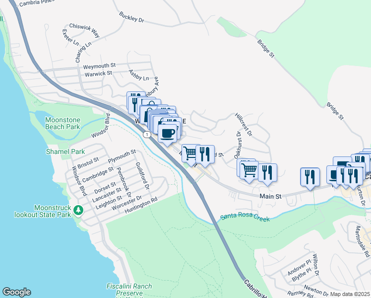 map of restaurants, bars, coffee shops, grocery stores, and more near in Cambria