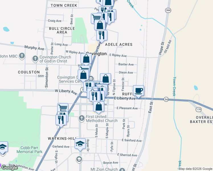 map of restaurants, bars, coffee shops, grocery stores, and more near 306 North Maple Street in Covington