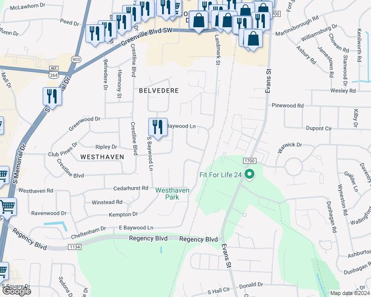 map of restaurants, bars, coffee shops, grocery stores, and more near 3410 Dunhaven Drive in Greenville