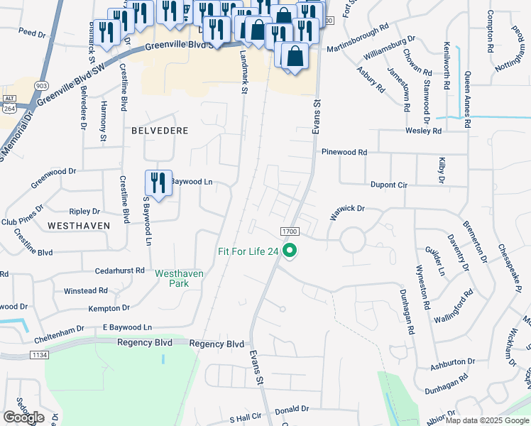 map of restaurants, bars, coffee shops, grocery stores, and more near 131 West Victoria Court in Greenville