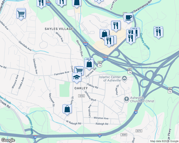 map of restaurants, bars, coffee shops, grocery stores, and more near 790 Fairview Road in Asheville