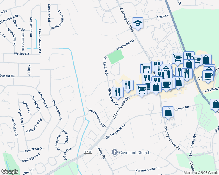 map of restaurants, bars, coffee shops, grocery stores, and more near 1567 Wimbledon Drive in Greenville