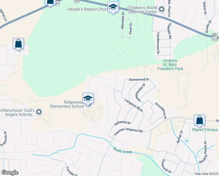 map of restaurants, bars, coffee shops, grocery stores, and more near 2277 Birch Hollow Drive in Winterville
