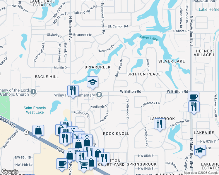 map of restaurants, bars, coffee shops, grocery stores, and more near 6613 Northwest 94th Street in Oklahoma City