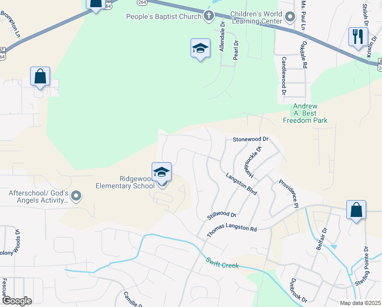 map of restaurants, bars, coffee shops, grocery stores, and more near 3400 Flora Drive in Winterville