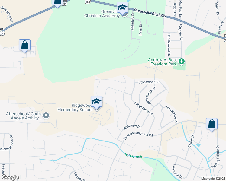 map of restaurants, bars, coffee shops, grocery stores, and more near 3400 Flora Drive in Winterville