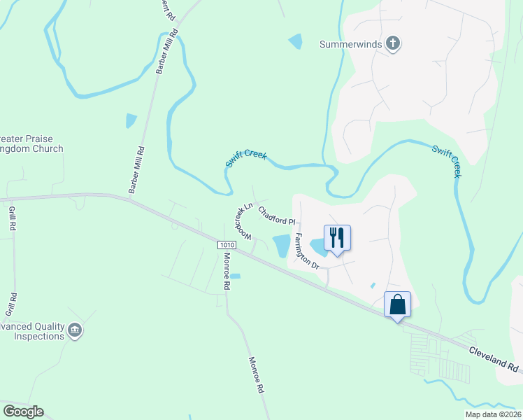 map of restaurants, bars, coffee shops, grocery stores, and more near 166 Chadford Place in Clayton
