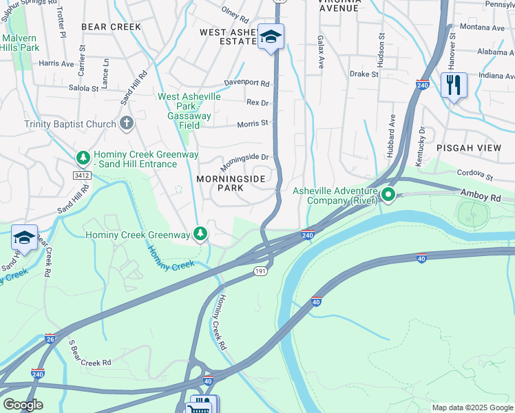 map of restaurants, bars, coffee shops, grocery stores, and more near 6 Coventry Circle in Asheville