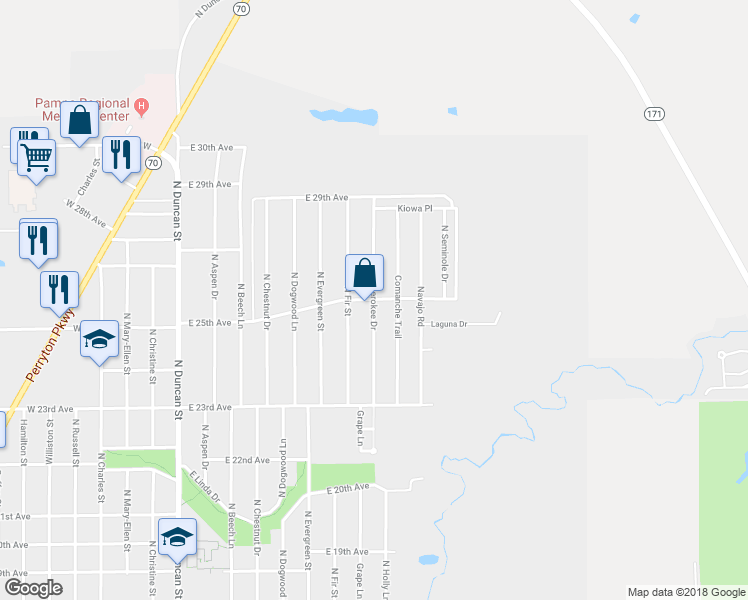 map of restaurants, bars, coffee shops, grocery stores, and more near 2498 North Cherokee Drive in Pampa