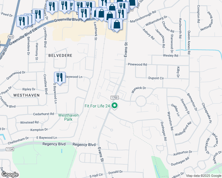 map of restaurants, bars, coffee shops, grocery stores, and more near 121 East Victoria Court in Greenville