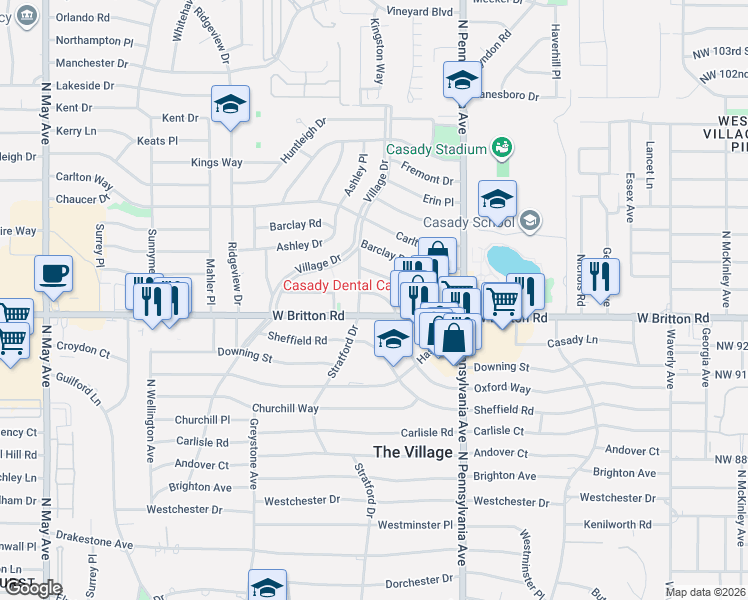 map of restaurants, bars, coffee shops, grocery stores, and more near 2223 Oxford Way in The Village
