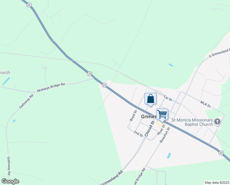 map of restaurants, bars, coffee shops, grocery stores, and more near Pitt Street in Grimesland