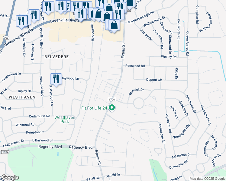 map of restaurants, bars, coffee shops, grocery stores, and more near 103 West Victoria Court in Greenville
