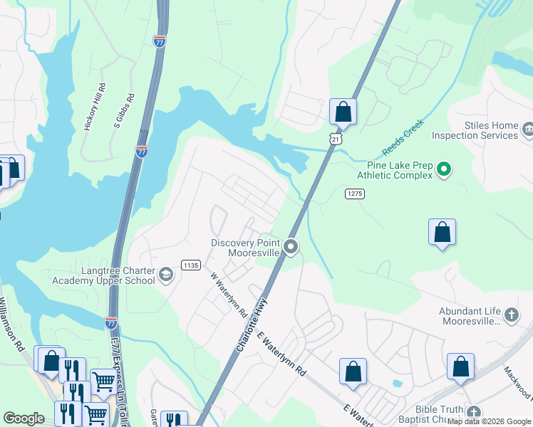 map of restaurants, bars, coffee shops, grocery stores, and more near 110 Town Loop in Mooresville