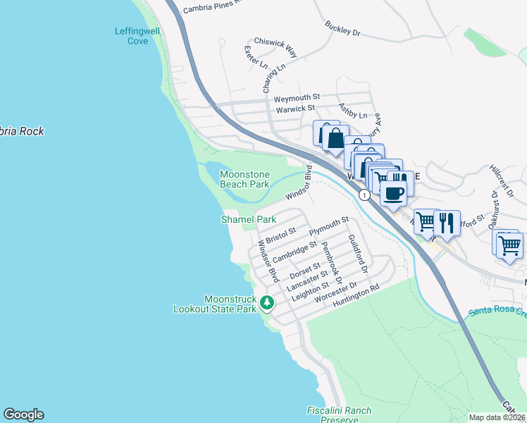 map of restaurants, bars, coffee shops, grocery stores, and more near 5574 Windsor Boulevard in Cambria