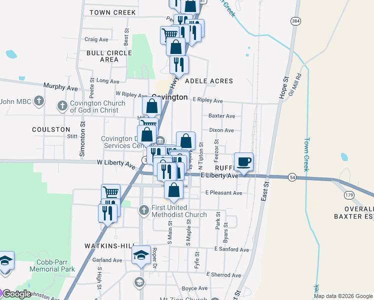 map of restaurants, bars, coffee shops, grocery stores, and more near 306 North Maple Street in Covington