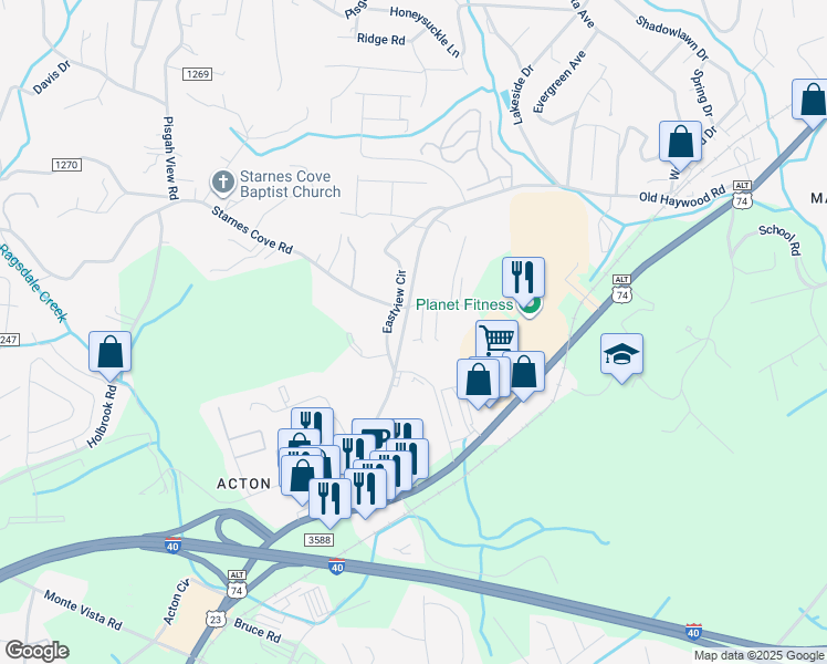 map of restaurants, bars, coffee shops, grocery stores, and more near 21 Myra Place in Asheville