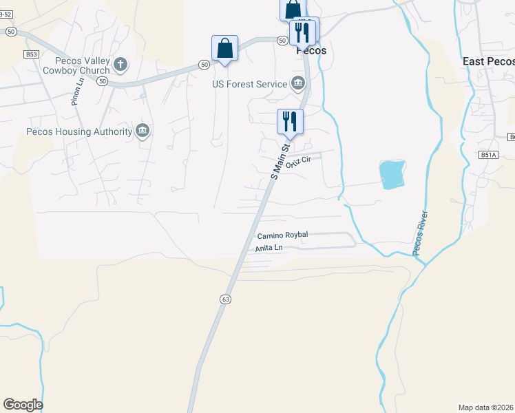 map of restaurants, bars, coffee shops, grocery stores, and more near 387 New Mexico 63 in Pecos