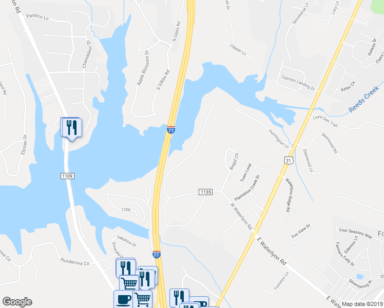 map of restaurants, bars, coffee shops, grocery stores, and more near West Waterlynn Road in Mooresville