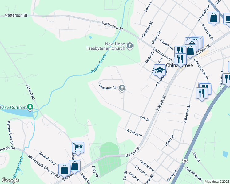 map of restaurants, bars, coffee shops, grocery stores, and more near 513 Westside Circle in China Grove