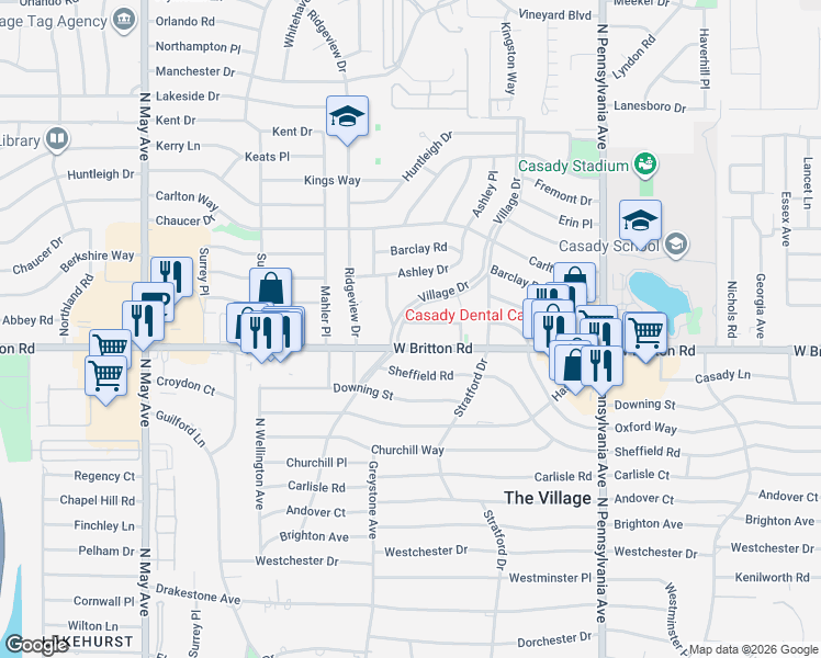 map of restaurants, bars, coffee shops, grocery stores, and more near 2424 Village Drive in The Village