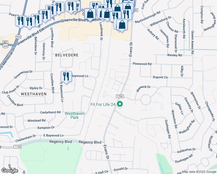 map of restaurants, bars, coffee shops, grocery stores, and more near 133 West Victoria Court in Greenville
