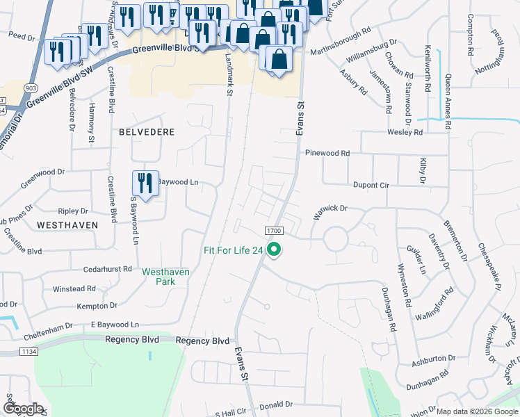 map of restaurants, bars, coffee shops, grocery stores, and more near 119 West Victoria Court in Greenville