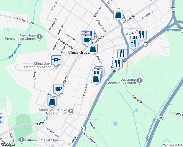 map of restaurants, bars, coffee shops, grocery stores, and more near 502 South Bostian Street in China Grove
