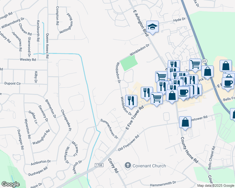 map of restaurants, bars, coffee shops, grocery stores, and more near 1567 Wimbledon Drive in Greenville