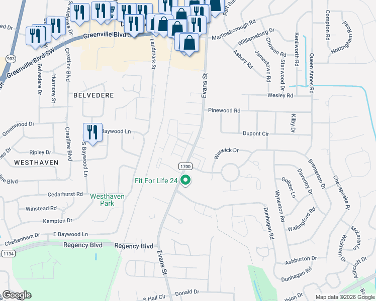 map of restaurants, bars, coffee shops, grocery stores, and more near 100 East Victoria Court in Greenville