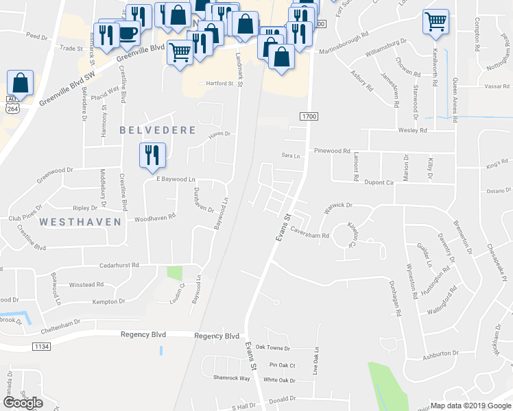 map of restaurants, bars, coffee shops, grocery stores, and more near 141 West Victoria Court in Greenville