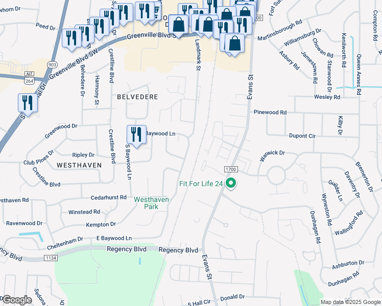 map of restaurants, bars, coffee shops, grocery stores, and more near 3402 Baywood Lane in Greenville
