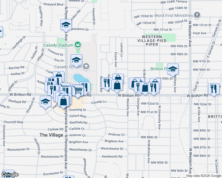 map of restaurants, bars, coffee shops, grocery stores, and more near 9421 Georgia Avenue in The Village