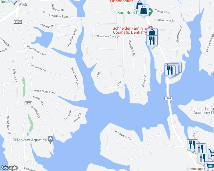 map of restaurants, bars, coffee shops, grocery stores, and more near 340 Sundown Road in Mooresville