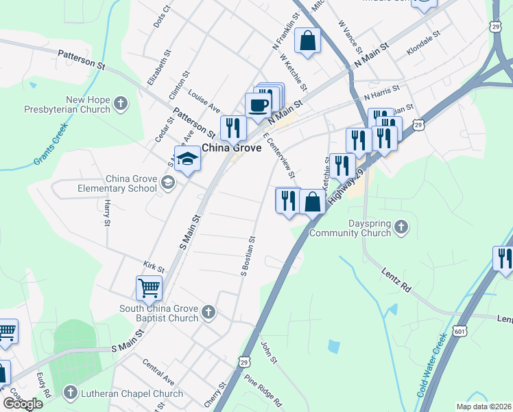 map of restaurants, bars, coffee shops, grocery stores, and more near 502 South Bostian Street in China Grove
