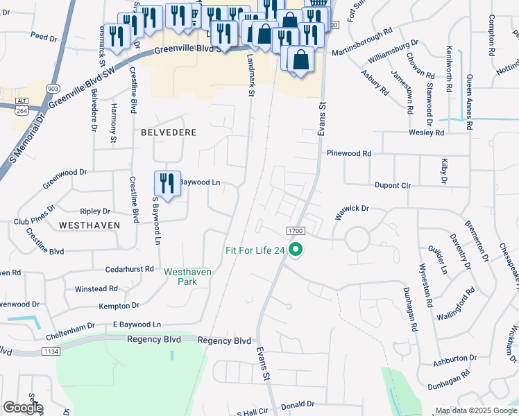 map of restaurants, bars, coffee shops, grocery stores, and more near 141 West Victoria Court in Greenville
