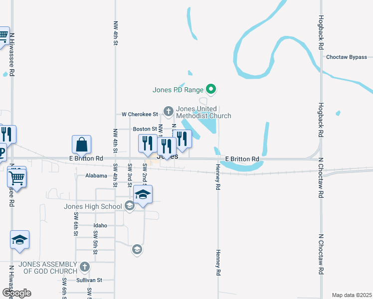 map of restaurants, bars, coffee shops, grocery stores, and more near 120 East Atlanta Avenue in Jones