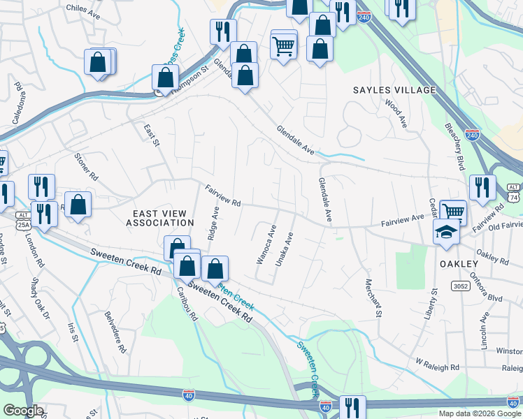 map of restaurants, bars, coffee shops, grocery stores, and more near 495 Fairview Road in Asheville